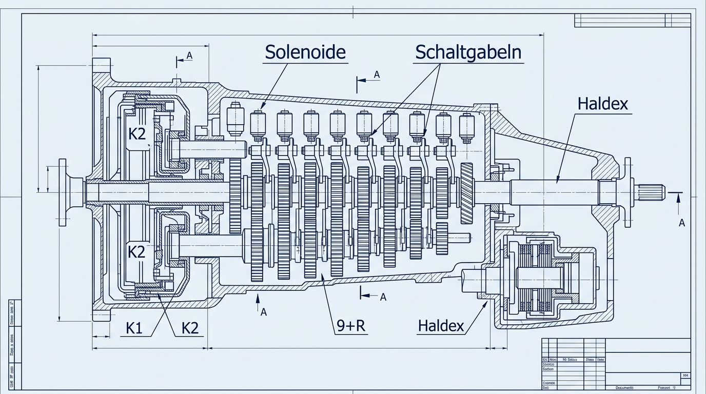 SC1000-Getriebe Blaupause: 9+R Gänge, Solenoide und Schaltgabeln pro Gang, Doppelkupplung, Haldex integriert mit Abtrieb zur Propellerwelle