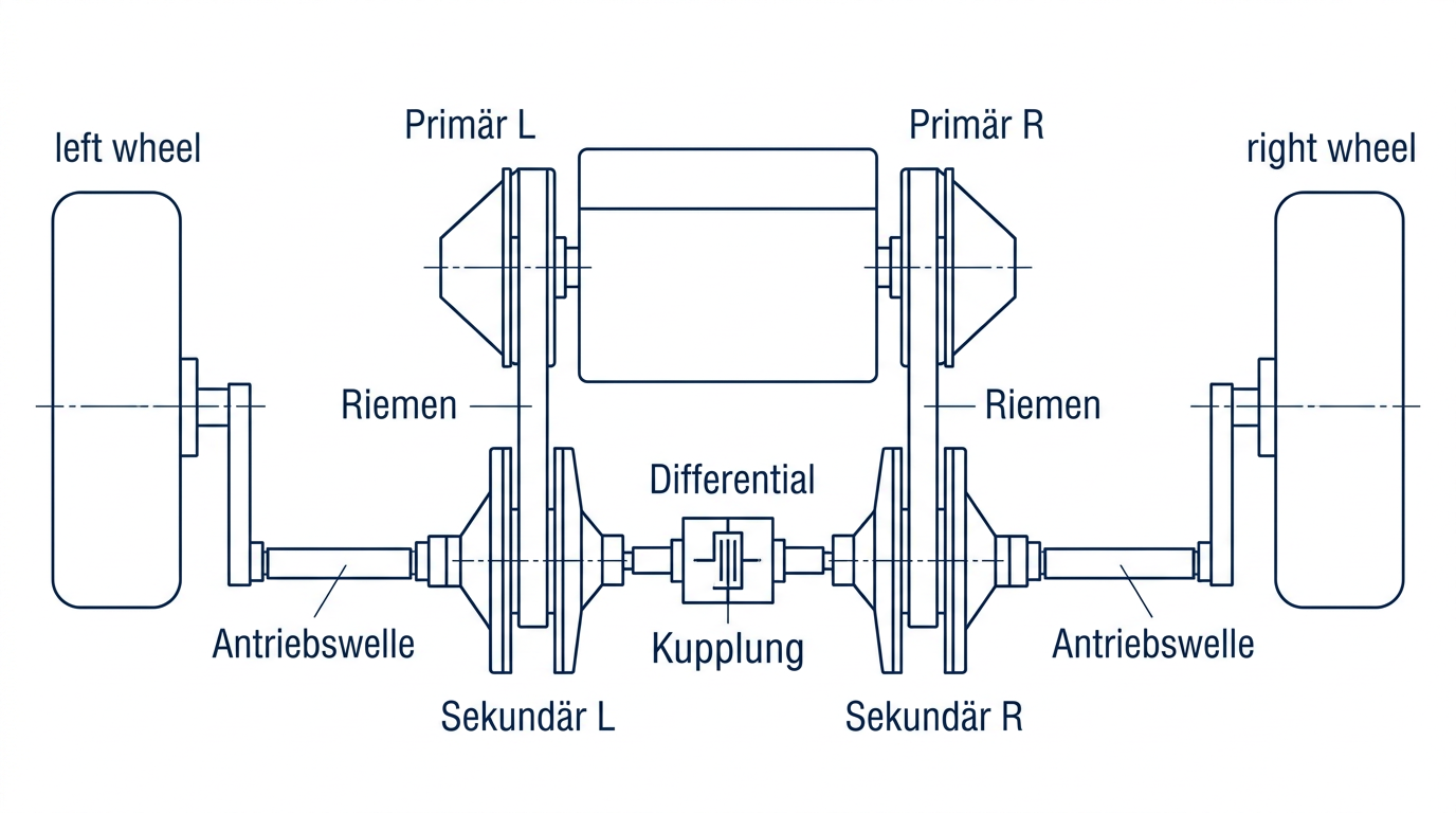 SC20-Getriebe Blaupause: Zwei parallele Stränge – je Primär, Riemen, Sekundär links und rechts; Differential und Kupplung zwischen den Sekundärabtrieben; Antriebswellen zu den Rädern
