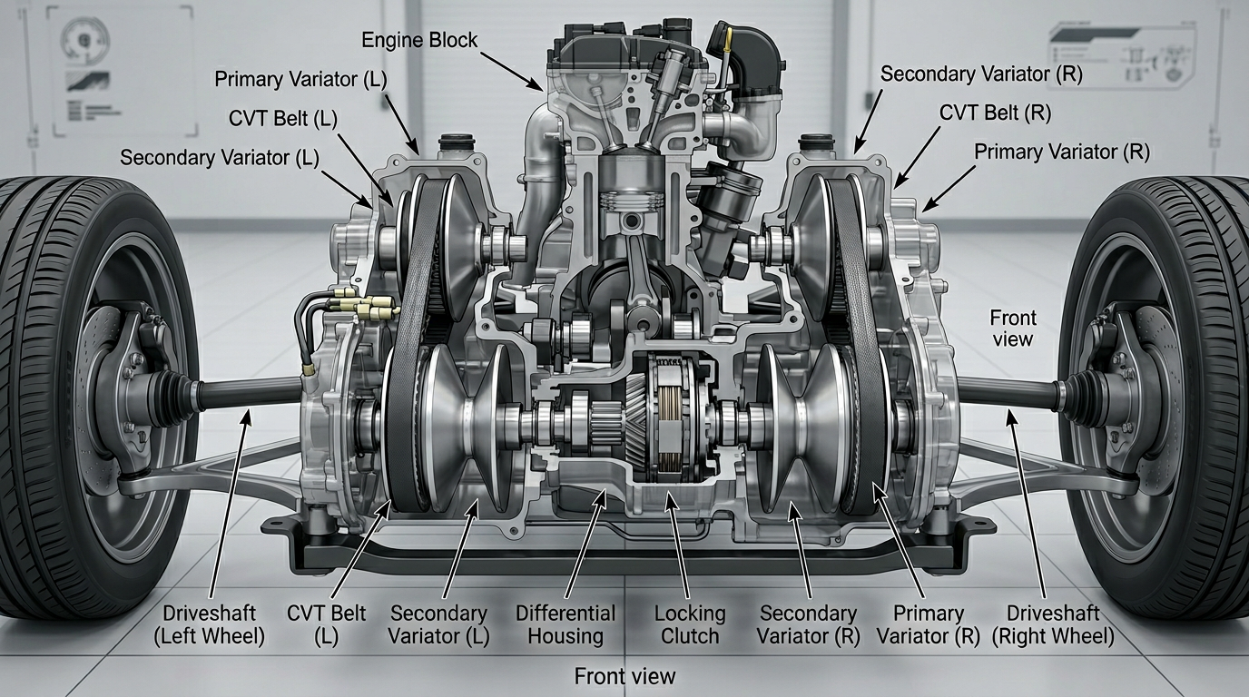 SC20-Getriebe Konzept: Motor Mitte, links und rechts je Primärvariator und Sekundärvariator mit Riemen, Differential mit Kupplung zwischen den Sekundärabtrieben, Antriebswellen zu den Vorderrädern